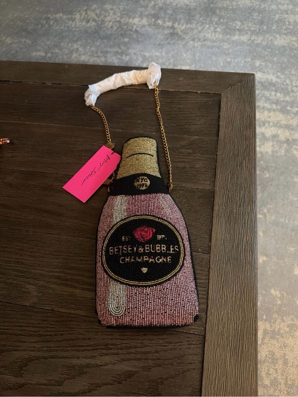 Betsey Johnson Pink and Gold Champagne Bottle Beaded Crossbody